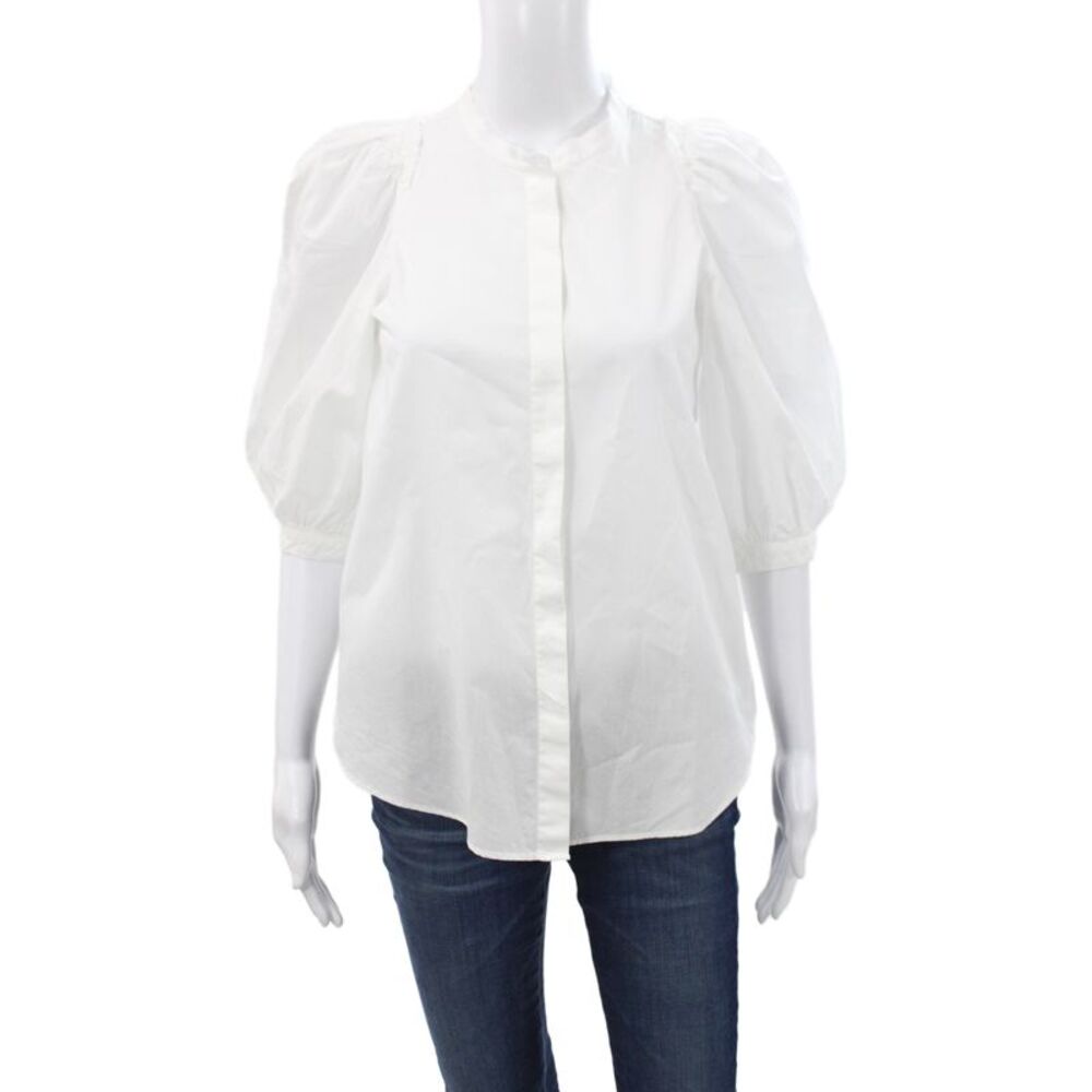 G. Womens Tunic Blouse White High Neck 3/4 Sleeve Cotton Button Size 0